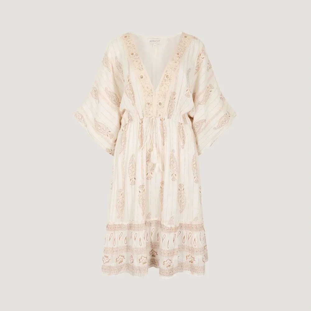 APRICOT 🍑- Boho V-Neck Embroidered Midi Dress in Cream - Picture 4 of 5